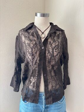 Mirasol Sheer Linen Textured Brown Button-Up Blouse